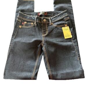 FRAGILE WOMEN DARK WASH JEANS GOLD STITCHING SZ SMALL 5 POCKET NWT Some Stretch
